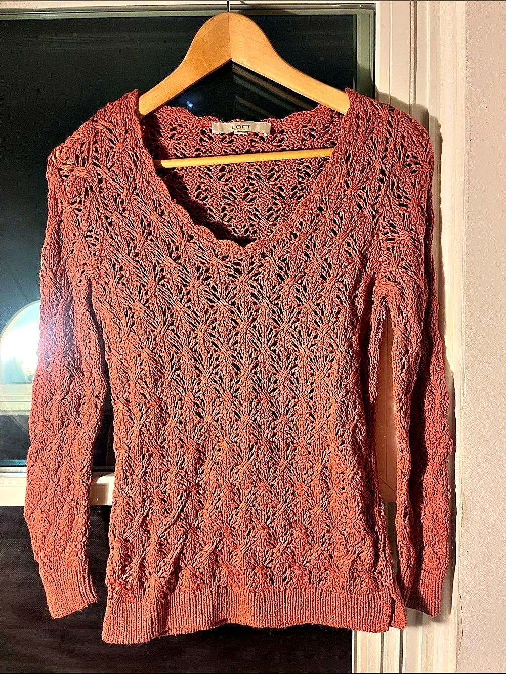 LOFT Textured Scalloped Neck Sweater in Rusty Autumn 🍂 Orange